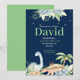 Green Blue Floral Dinosaur Birthday Invitation 