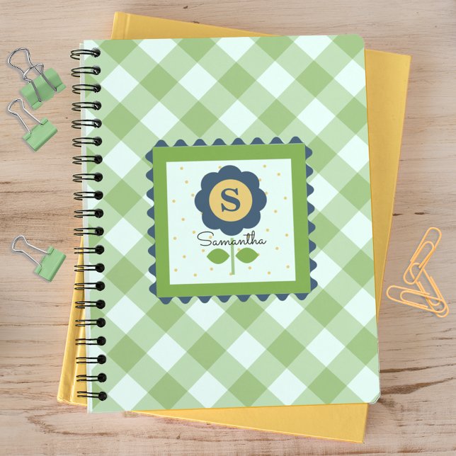 Green Blue Floral Gingham Monogrammed Notebook (Creator Uploaded)