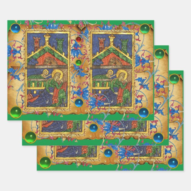 GREEN BLUE FLORAL NATIVITY CHRISTMAS PARCHMENT WRAPPING PAPER SHEET (Set)