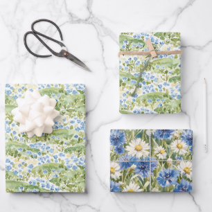 Green Blue Flowers Birthday Wrapping Paper Sheet