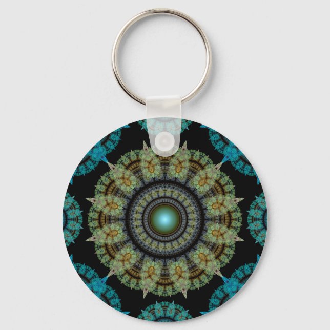 Green blue fractal sacred pattern key ring (Front)
