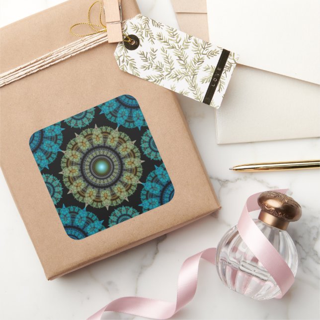 Green blue fractal sacred pattern square sticker (Gifting)