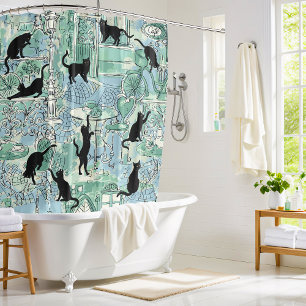 Green Blue French Cat Paris Cafe Shower Curtain