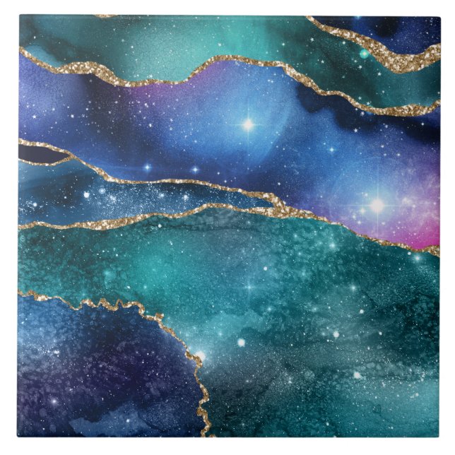 Green blue geode galaxy faux golden modern tile (Front)