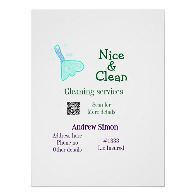 Green blue gitter clean mop add name address q r b poster (Front)