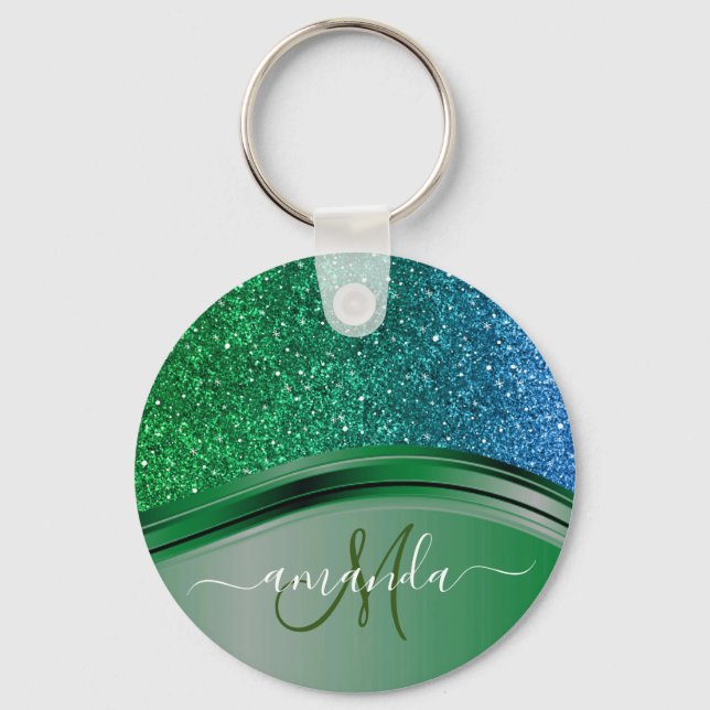 Green Blue Glitter Handwritten Calligraphy  Key Ring (Front)