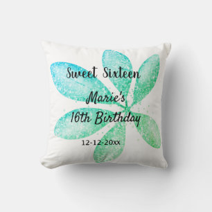 green blue glitter leaves 16 th birthday add name cushion