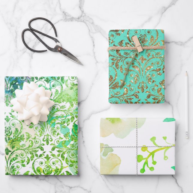 Green Blue gold damask lace floral Wrapping Paper (Front)