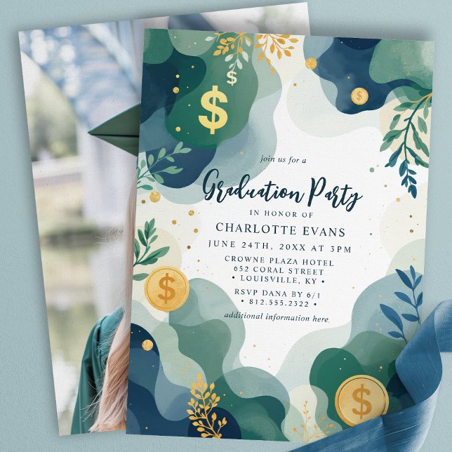 Green Blue Gold Finance Dollar Photo Grad Party Invitation (Creator Uploaded)