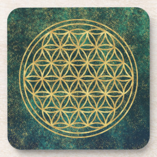 Green, Blue & Gold Flower of Life Watercolor Coaster