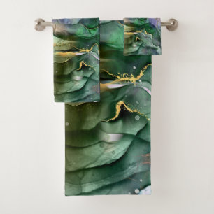 Green blue gold ink abstract bath towel set