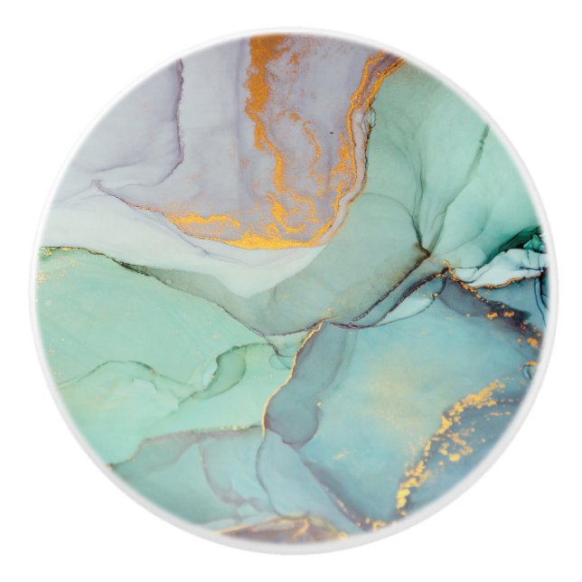 Green Blue Gold Marble Pretty Ceramic Knob (Front)