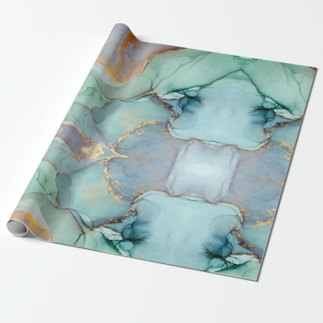 Green Blue Gold Marble Pretty Wrapping Paper (Unrolled)