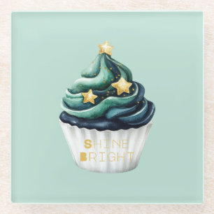 Green Blue Gold Stars Shine Bright Cupcake Glass Coaster