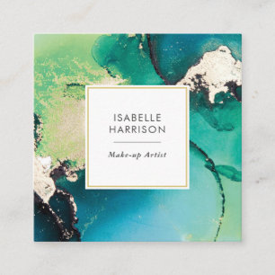 Green blue gold watercolor ink business card