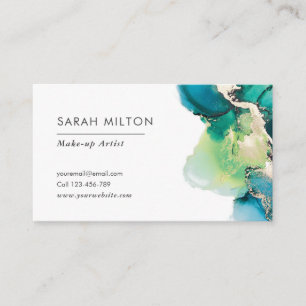 Green blue gold watercolor ink business card