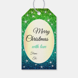 Green Blue Gradient Glitter Spark Stars Christmas Gift Tags