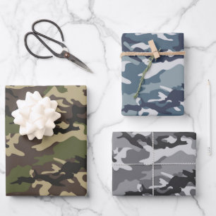 Green, Blue & Grey Camo Camouflage Wrapping Paper Sheet