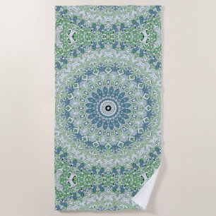Green Blue Grey Coastal Mandala Kaleidoscope Beach Towel