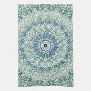 Green Blue Grey Coastal Mandala Kaleidoscope Tea Towel