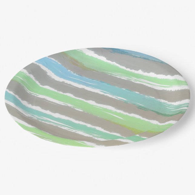 Green Blue Grey Watercolor Stripes Paper Plate (Angled)