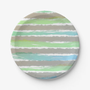 Green Blue Grey White Watercolor Stripes Paper Plate