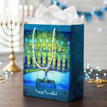 Green Blue Hanukkah Menorah Peace Love Light Medium Gift Bag<br><div class="desc">“Peace, love & light.” A close-up photo illustration of a bright, colourful, blue and green artsy menorah helps you usher in the holiday of Hanukkah in style. Feel the warmth and joy of the holiday season whenever you use this cute and fun personalised medium size gift bag. Matching cards, postage,...</div>