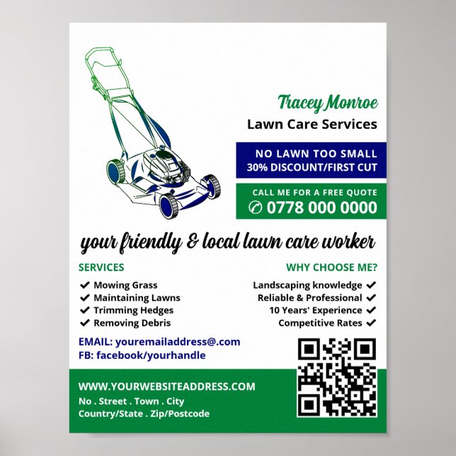 Green & Blue Lawn-Mower, Lawn Care Services Poster (Front)