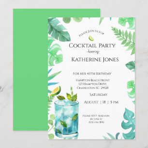 Green Blue Leaves 40th Birthday Cocktail Party   Invitation