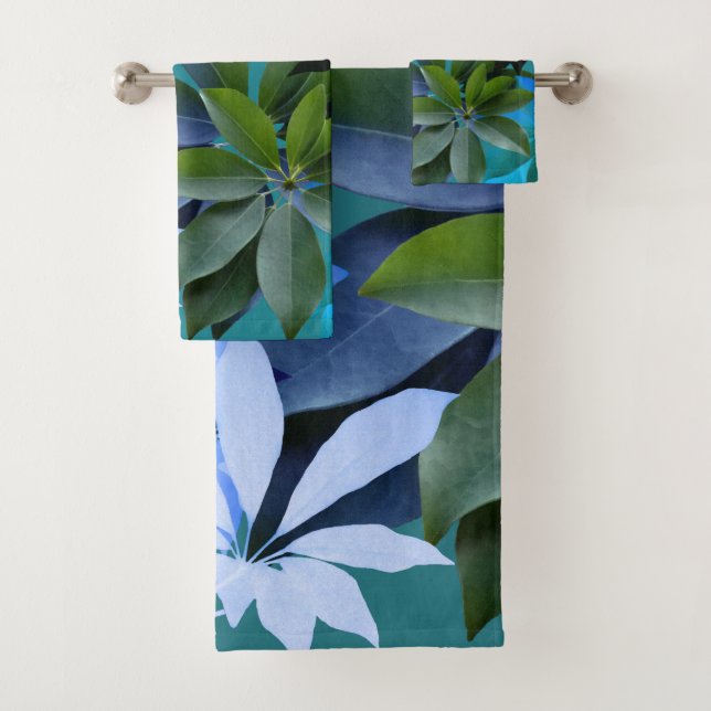 Green & Blue  Leaves Art  Bathroom Towel Set (Insitu)