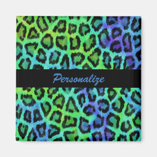 "Green & Blue Leopard Print" 2 Inch Square Magnet