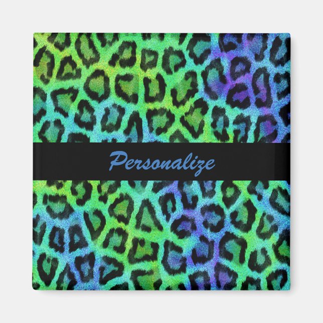"Green & Blue Leopard Print" 2 Inch Square Magnet (Front)