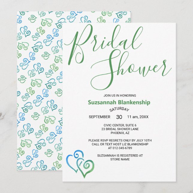 Green Blue Linked Hearts Bridal Shower Template (Front/Back)