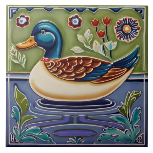 Green & Blue Mallard Duck European Folk Animal Art Tile (Front)