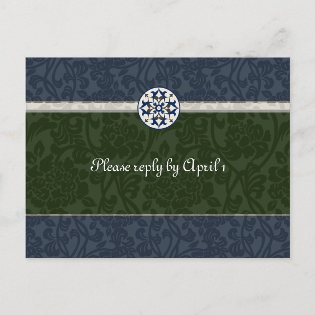 Green & Blue Mediaeval Brocade rsvp Invitation Postcard (Front)