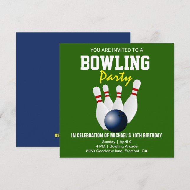 Green Blue Modern Bowling Party Birthday Invite (Front/Back)