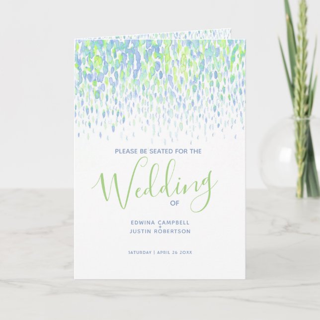 Green blue modern cascading art wedding programme (Front)