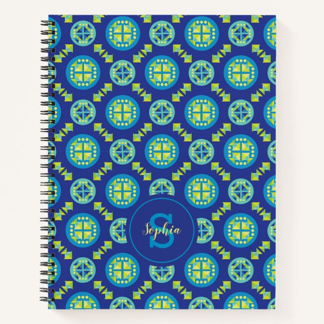Green Blue Monogram Geometric Pattern Notebook (Front)