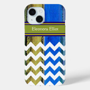 green blue Monogrammed Chevron Stripes iPhone 15 Case