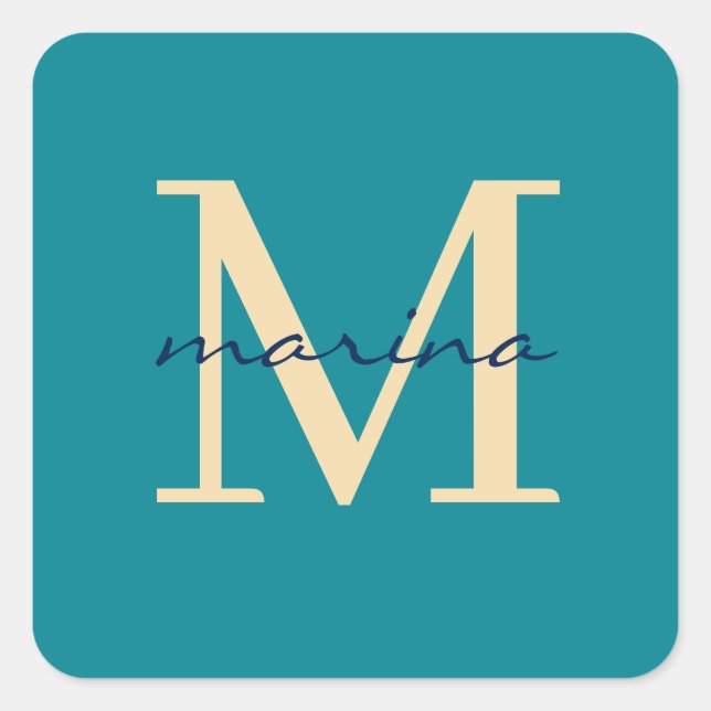 Green blue monogrammed  square sticker (Front)