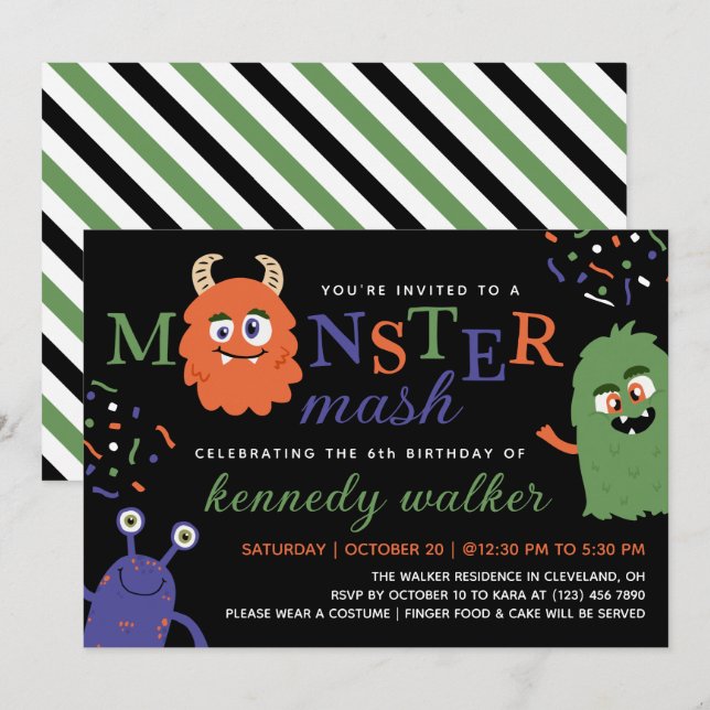 Green Blue Monster Mash Halloween Party Invitation (Front/Back)