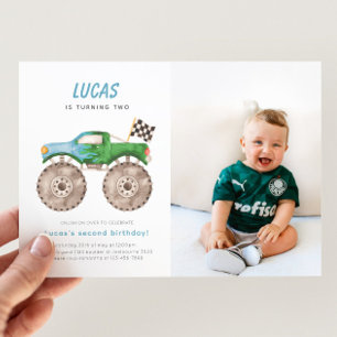 Green Blue Monster Truck Birthday Photo Invitation