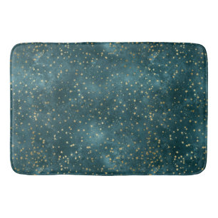 Green blue night sky teal gold star pattern  bath mat