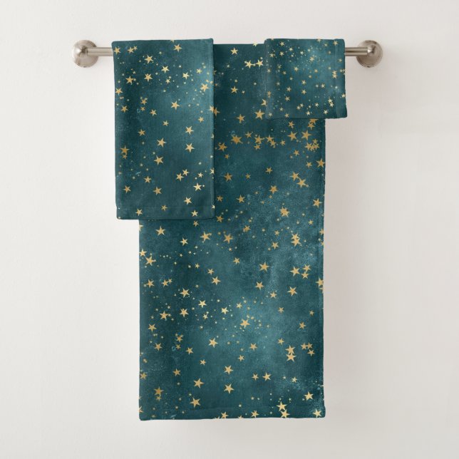 Green blue night sky teal gold star pattern  bath towel set (Insitu)