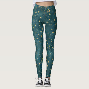 Green blue night sky teal gold star pattern  leggings