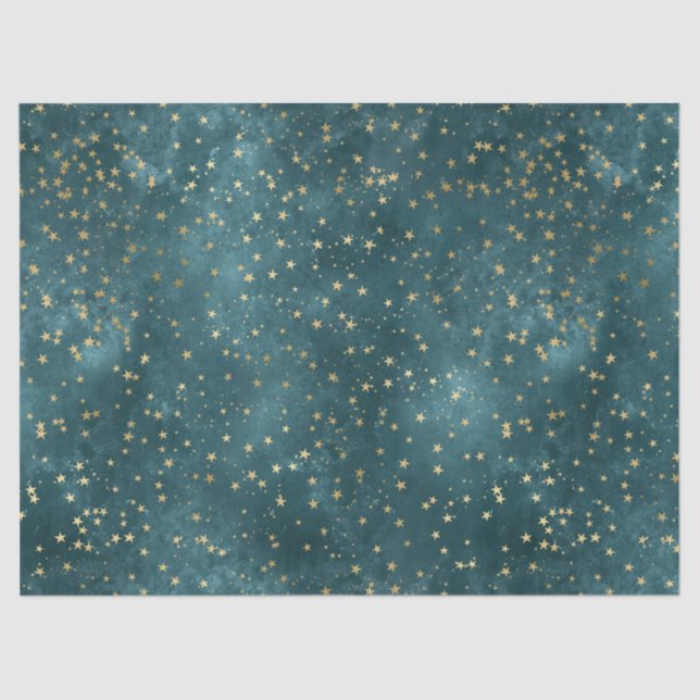 Green blue night sky teal gold star pattern  tissue paper (Front)