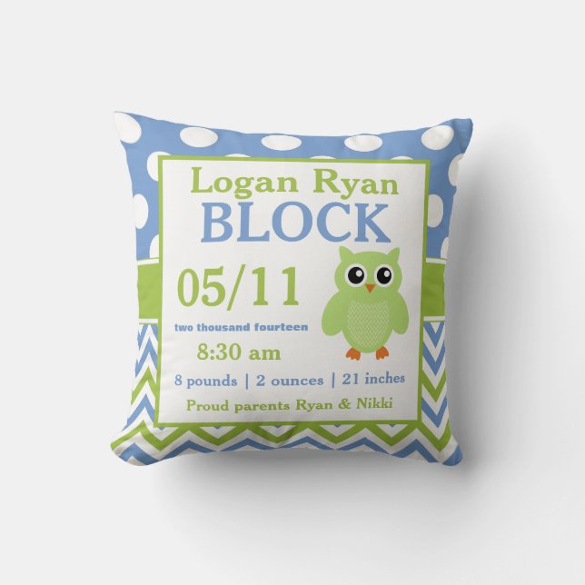 Green Blue Owl Baby Announcement Pillow (Front)