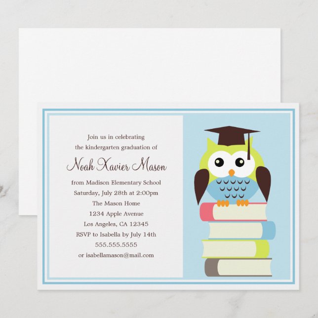 Green/Blue Owl Graduation Party Invitation (Front/Back)
