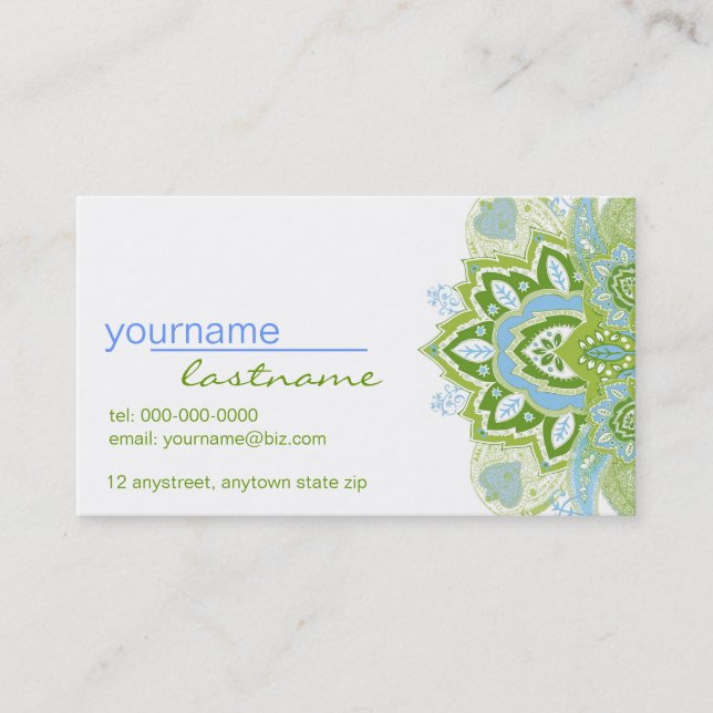 Green Blue Paisley Business Card (Front)