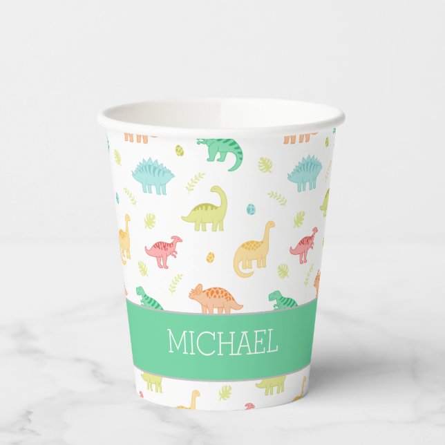 Green Blue Pastel Dino Birthday Party Cup (Left)